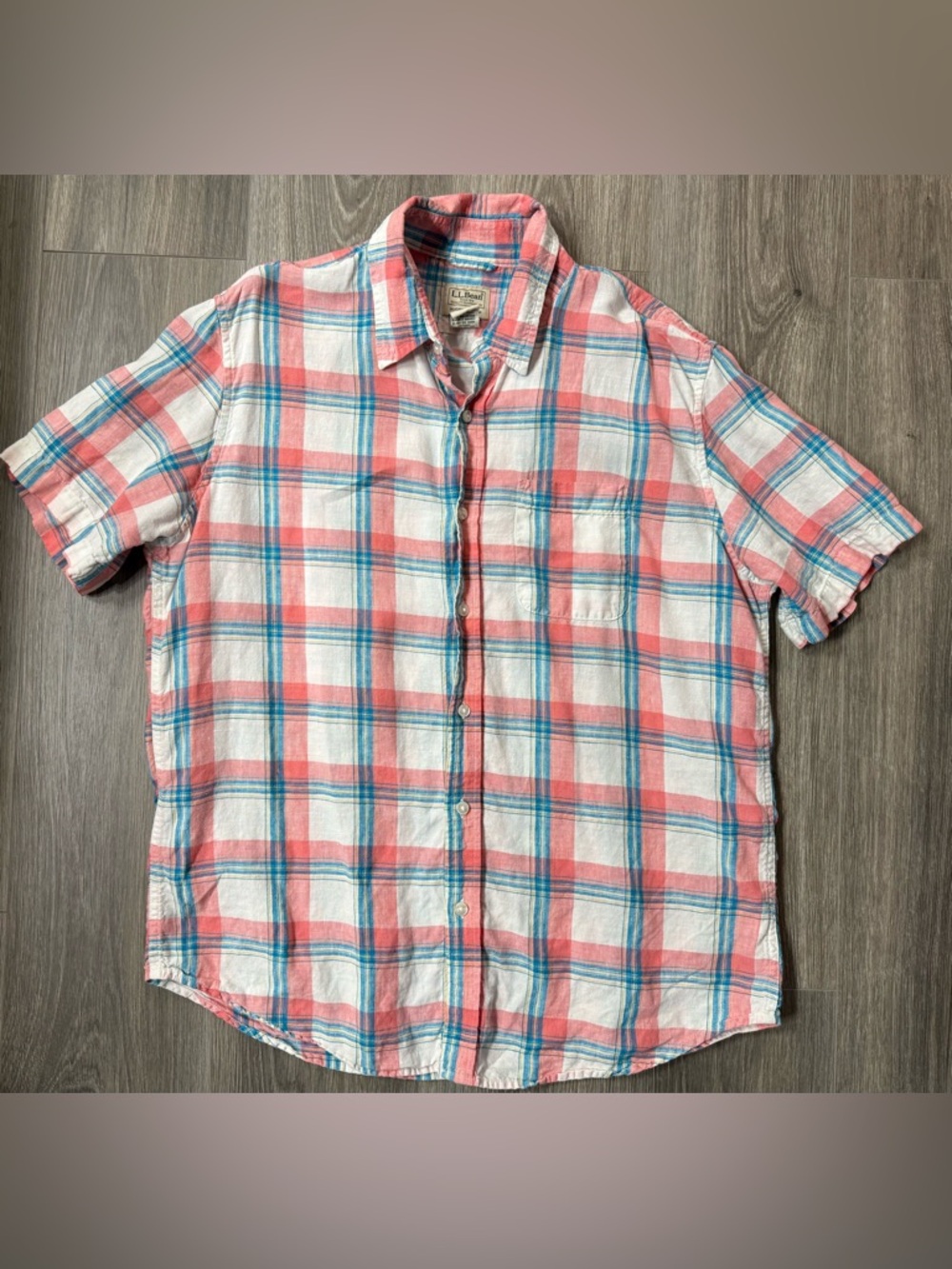 LL Bean Women’s Button Up Plaid Linen SS Blue Coral L Slightly Fitted Cozy